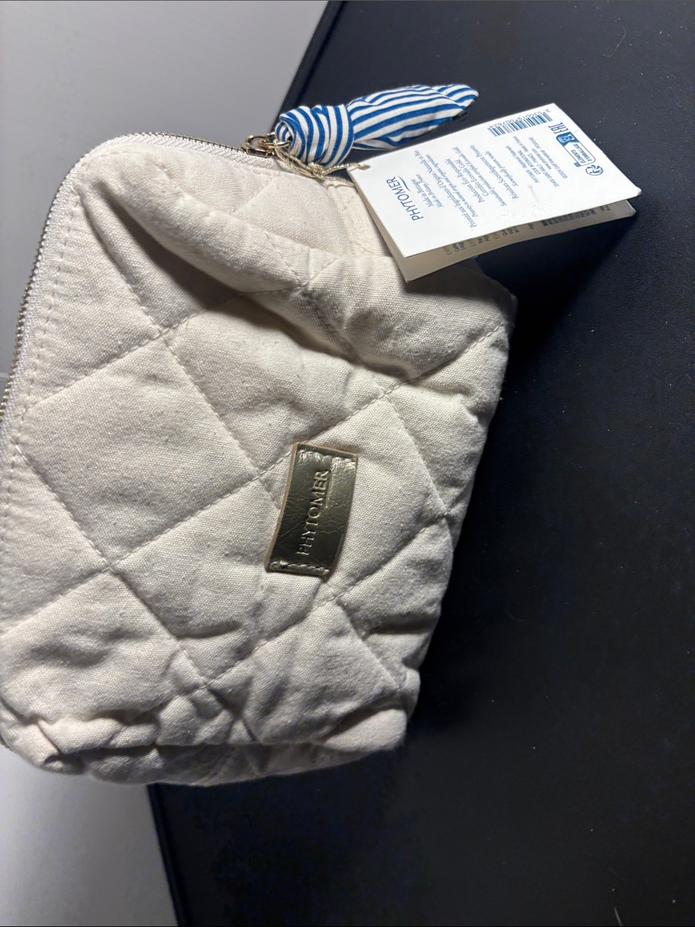 H&M Quilted Cream Cosmetic Pouch with Gold-Tone Plate